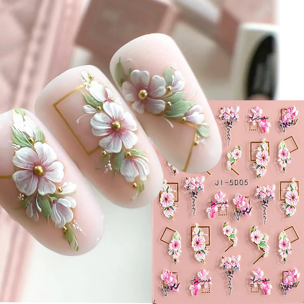 

5D Nail Stickers Flowers Geometric Lines Decor Acrylic Embossed Sliders Gold Frame Nail Decals Cherry Blossom Manicure GLJI-5D05