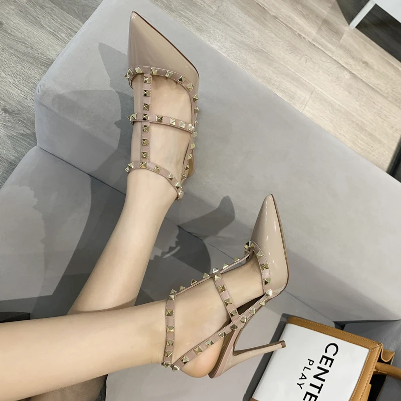 Fashion Brand Summer Genuine Leather Women 's Sandals Classic Rivet Pointed High Heels Sexy Luxury Pumps  Wedding Party Shoes