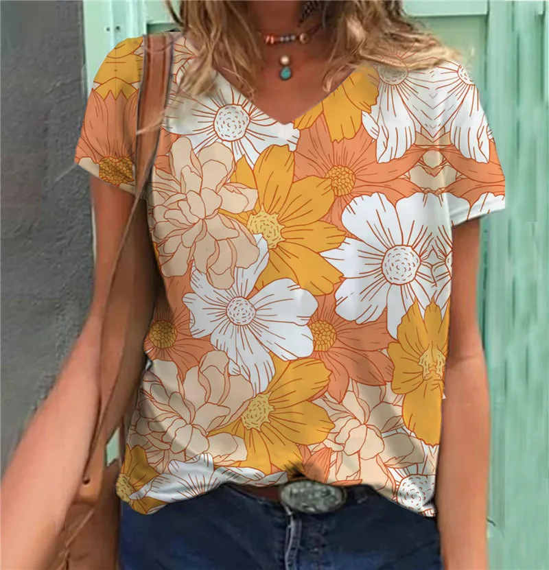 

Женская футболка с коротким рукавом, V-образным вырезом и цветочным принтом
