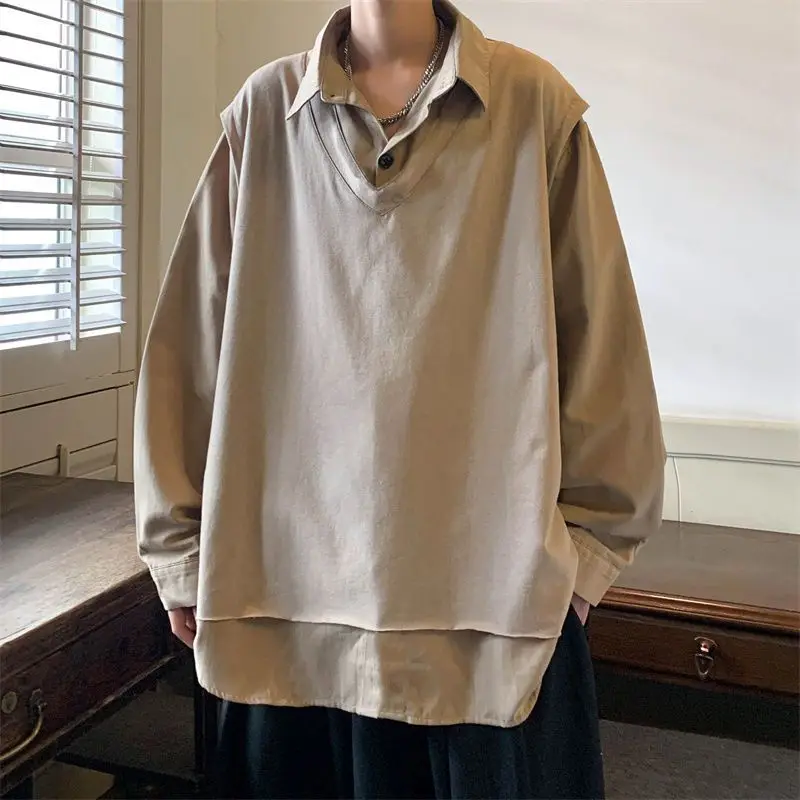 

Hong Kong Style Fake Two-Piece Long-Sleeved Shirt Men's Solid High-Grade Inner Wear Personalized Casual Versatile Top Shirts