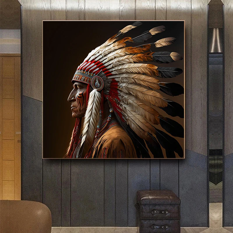 Оригинальное этническое индийское племя воин декоративное перо Картина на
