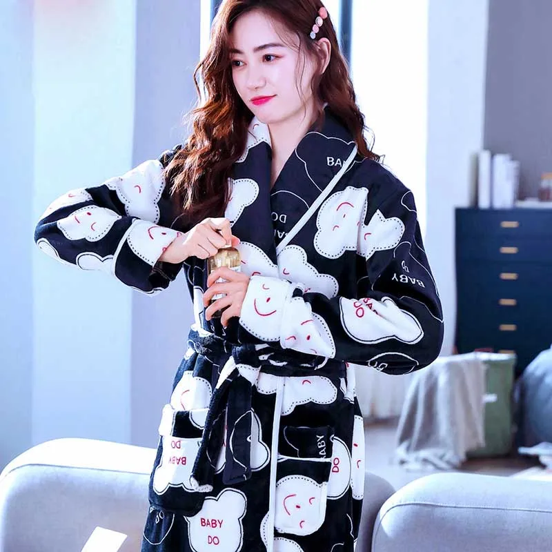 Women Robes Winter Warm Pajamas Fashion Casual Coral Fleece Sleepwear Home Clothes Floral Dressing Gron Kimono Hotel Bathrobe