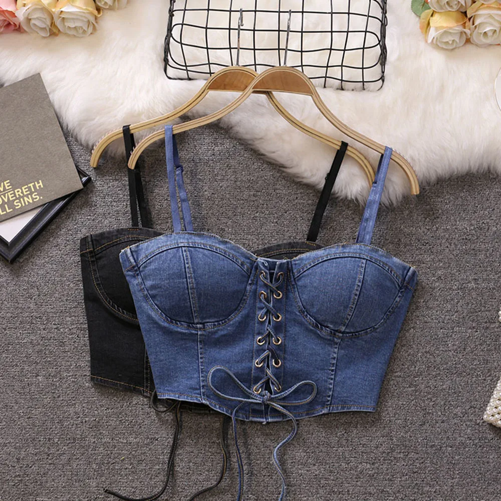 Denim Corset Top Lace up Cut out 