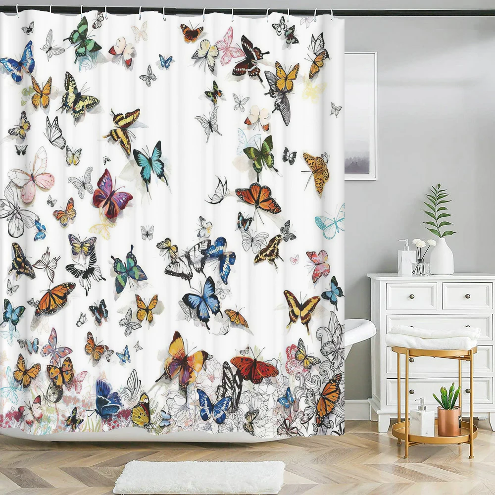 

Beautiful Butterfly Flowers Printing Shower Curtains Bathroom Curtain Frabic Waterproof Polyester Bathroom Curtain with Hooks