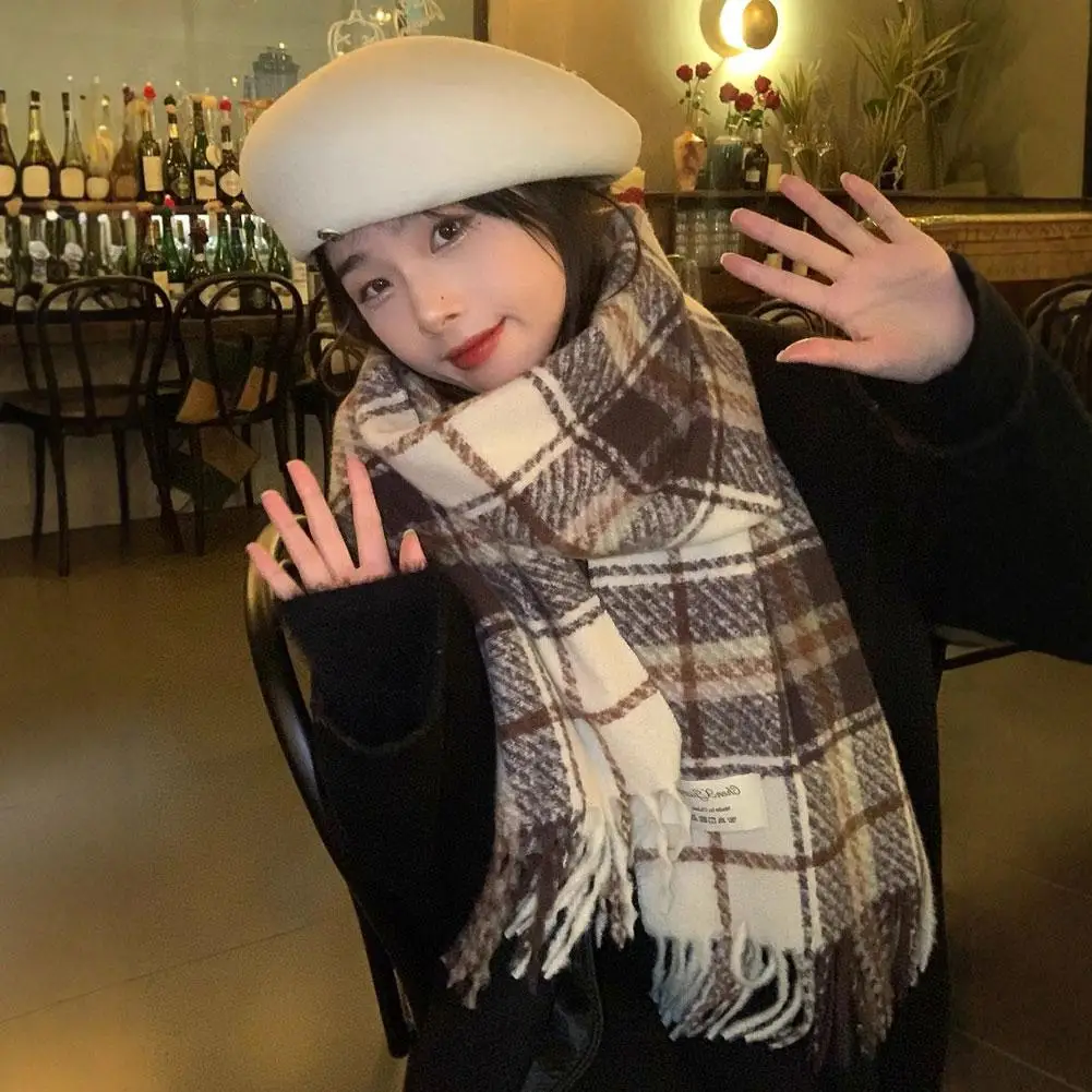 Уютный клетчатый кашемировый зимний шарф роскошный теплый дорожный для женщин