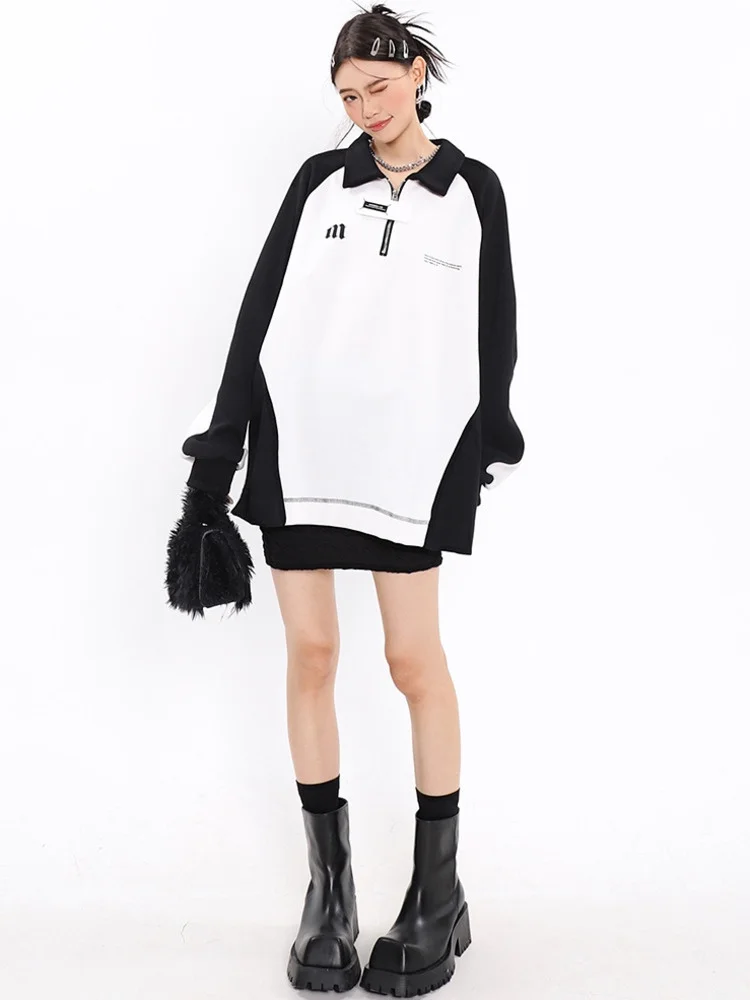 

Zipper White [GIGIYW] Black Lapel Loose Sweater Clothes Teens Couples Matching Items Wholesale 2023 New Women's Autumn KZ189