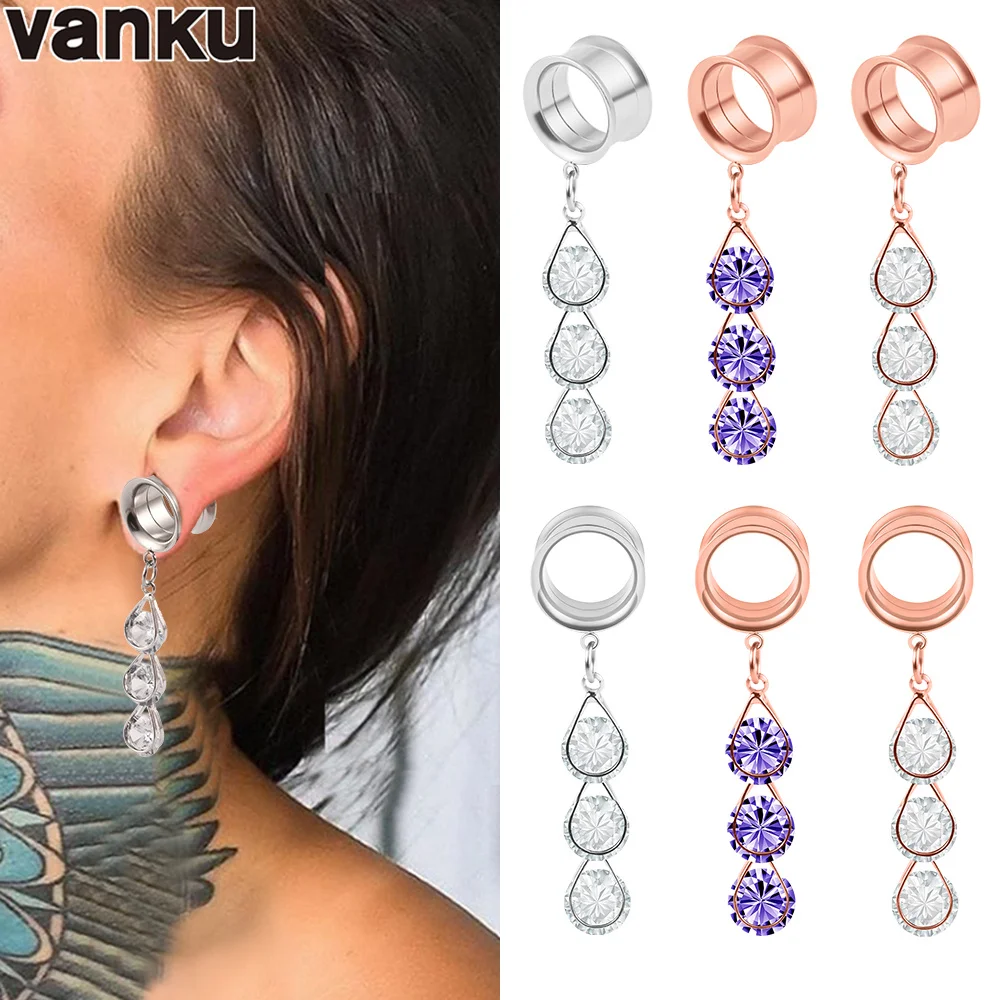 

Vanku 2pcs 316L Stainless Steel Zircon Pendant Ear Plugs Ear Gauges Flesh Tunnel Piercing Expander Ear Reamer Extension