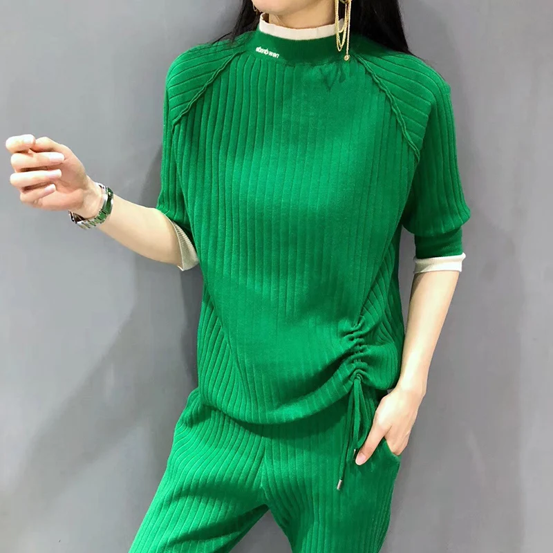 

Knitted Two Piece Set Women Casual Half Sleeve Pleated Lace Up T-Shirt and Classic Sweatpants Sets Fashion Women Knitted Two Pie