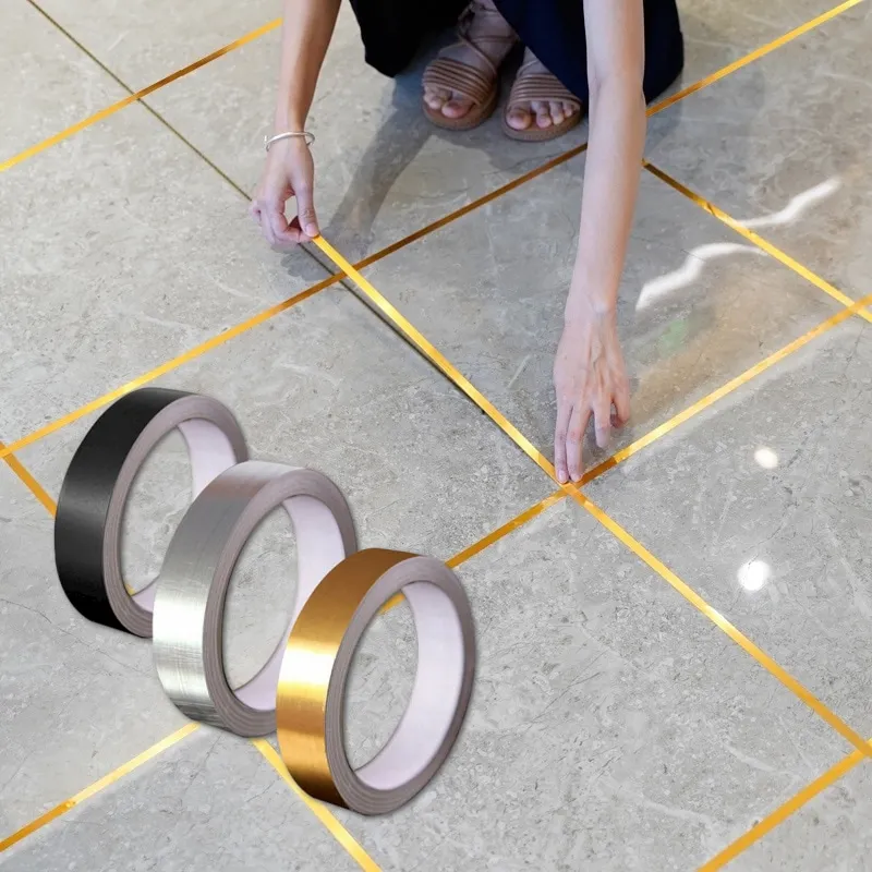 1 Roll Floor Tile Silver Gold Adhesive Strip Seam Sticker Mildewproof Ceramic Tape Self Adhesive Tile Sticker Home Decorations