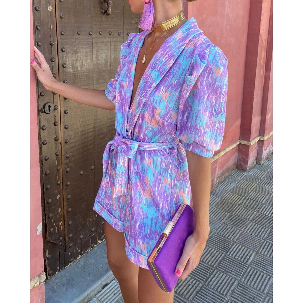 Summer Women Print Puff Half Sleeve Nothch Collar Belted Romper Elegant Playsuit Outfits Office Lady Workwear Overalls for Women