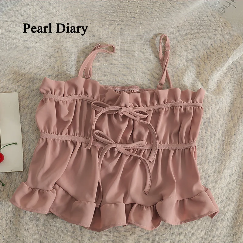

Pearl Diary Summer New Style Frenulum Bowknot Top Women Pure Colour Sexy Wrinkle Small Sling Fashion All-Macth Short Top
