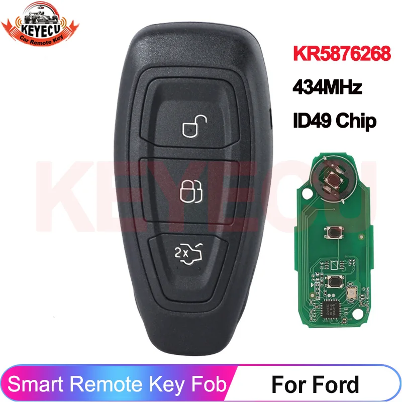 

KEYECU KR5876268 для Ford Kuga Grand C-Max Focus Fiesta, умный пульт дистанционного управления с 3 кнопками, чип ID49 434 МГц A2C876268, карта рекламности
