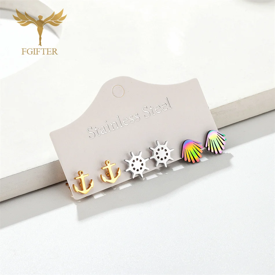 

Girls Women Holiday Beach Jewelry 3 Colors Pairs Stud Earrings Set Stainless Steel Ear Lobe Piercing Earring All-match Accessory