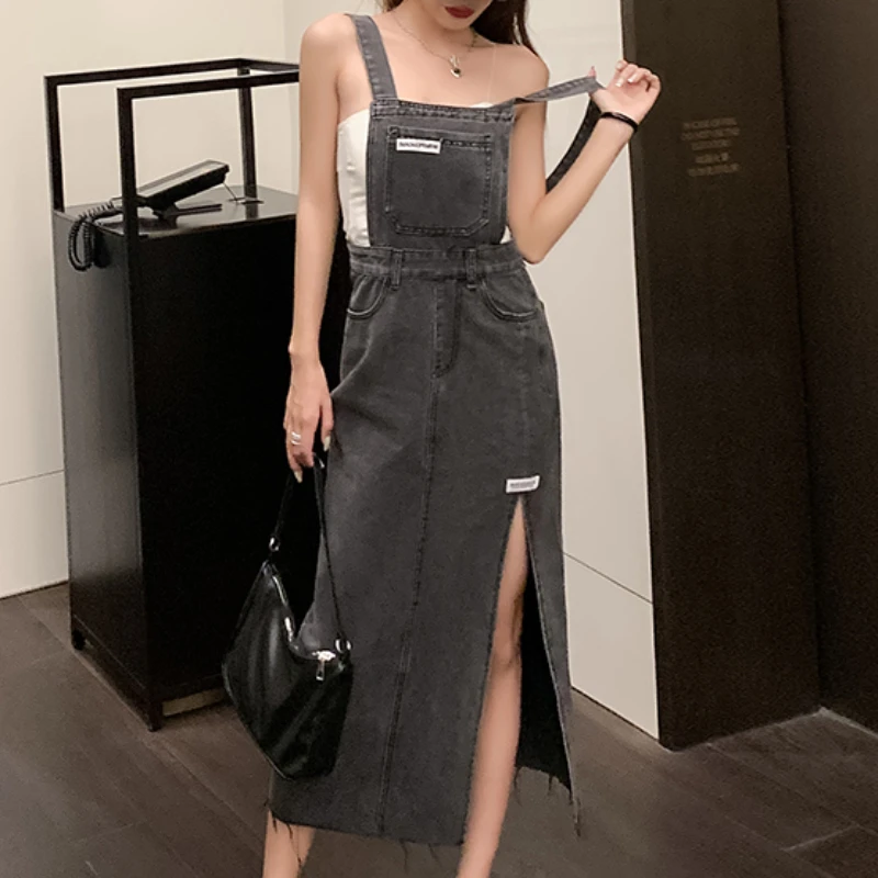 

Autumn side split denim strap skirt women slim in summer middle long suspender dress 100e, 628-5