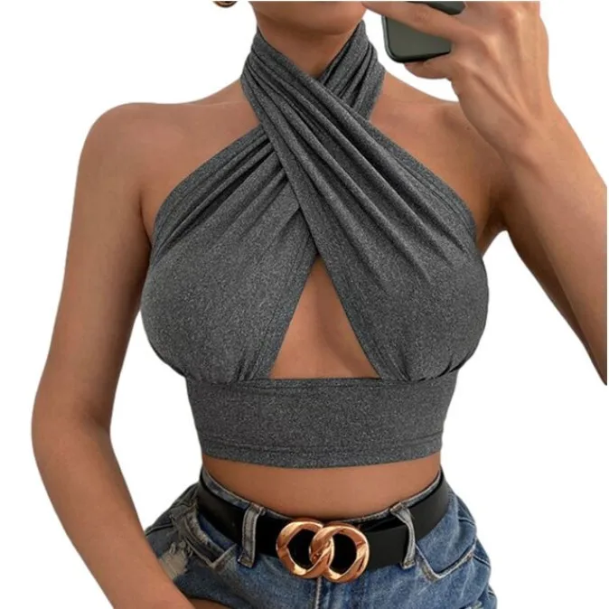 

Sexy Tank Top Knitting Cross Bandage Wrap Corset Halter Crop Tops Women Backless Bare Midriff Camis Sleeveless Cropped Vest