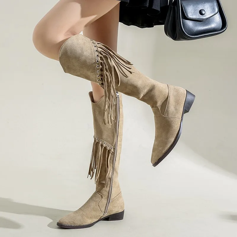 

V-mouth tassel boots Western boots over the knee high boots thick heel zipper autumn and winter new women's shoes British style
