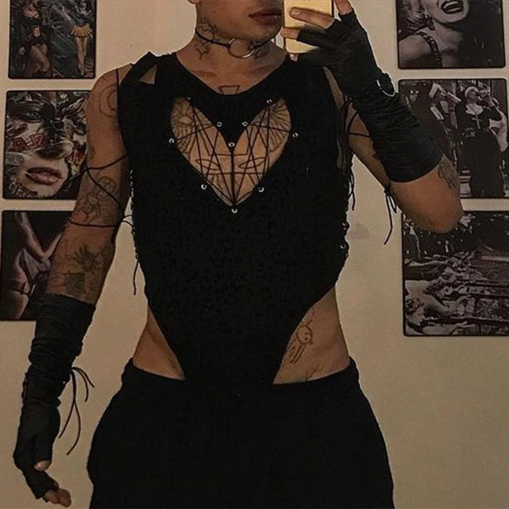 Men Bodysuits Hollowout 2023 New Sexy Mesh Transparent Lace Up Rompers Sleeveless Playsuit Underwear LGBT Erotic Lingerie Romper