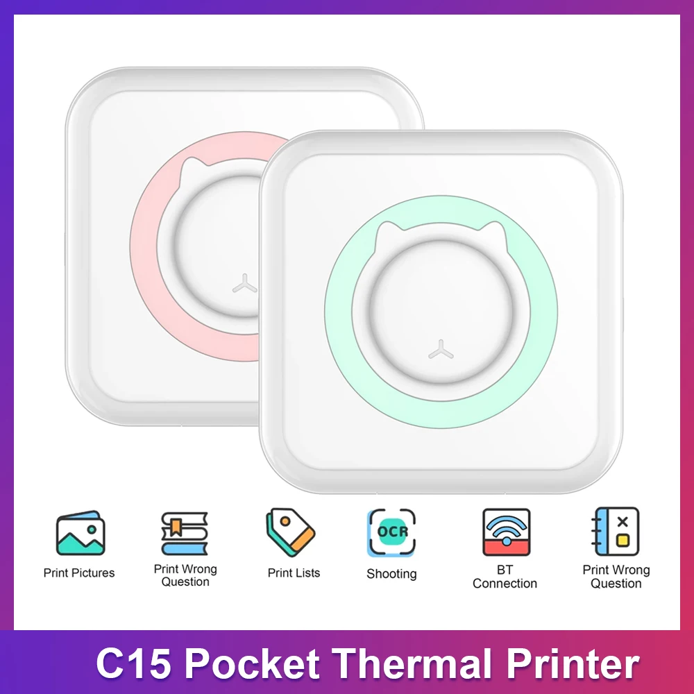 

C15 Pocket Thermal Printer Wireless BT Connect 200dpi Label Memo Wrong Question 58mm Print Photo Bluetooth Android IOS Printers