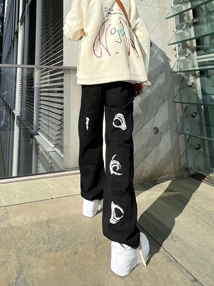 Hot Trendy Black Baggy Jeans For Men Y2K Clothes Fashion Skeleton Printed Trousers Streetwear Loose Straight Patched Denim Pants