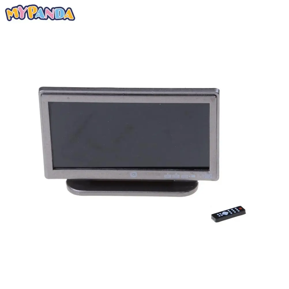 

1set Dollhouse Miniature Wide Screen Television Flat-Panel LCD TV w/ Remote Gray Classic Pretend Play Accessory Toys for Child