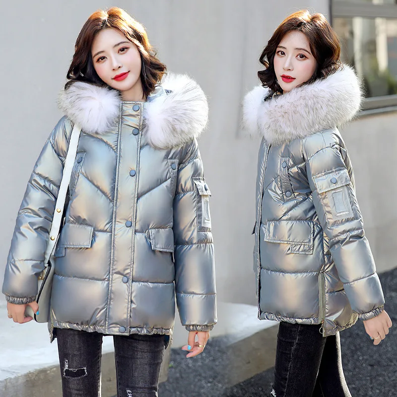 Winter New Women Hooded Down Jacket Fashion Design Plus Velvet Warm Padded Jacket Casual Loose Solid Color Big Fur Collar Coats