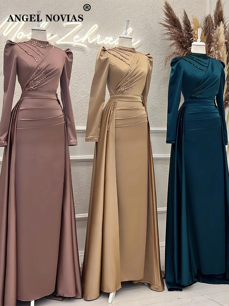 

Long Sleeves High Neck Mermaid Champagne Muslim Evening Dresses with Detachable Skirt Formal Vestidos De Noche Prom Party Gowns