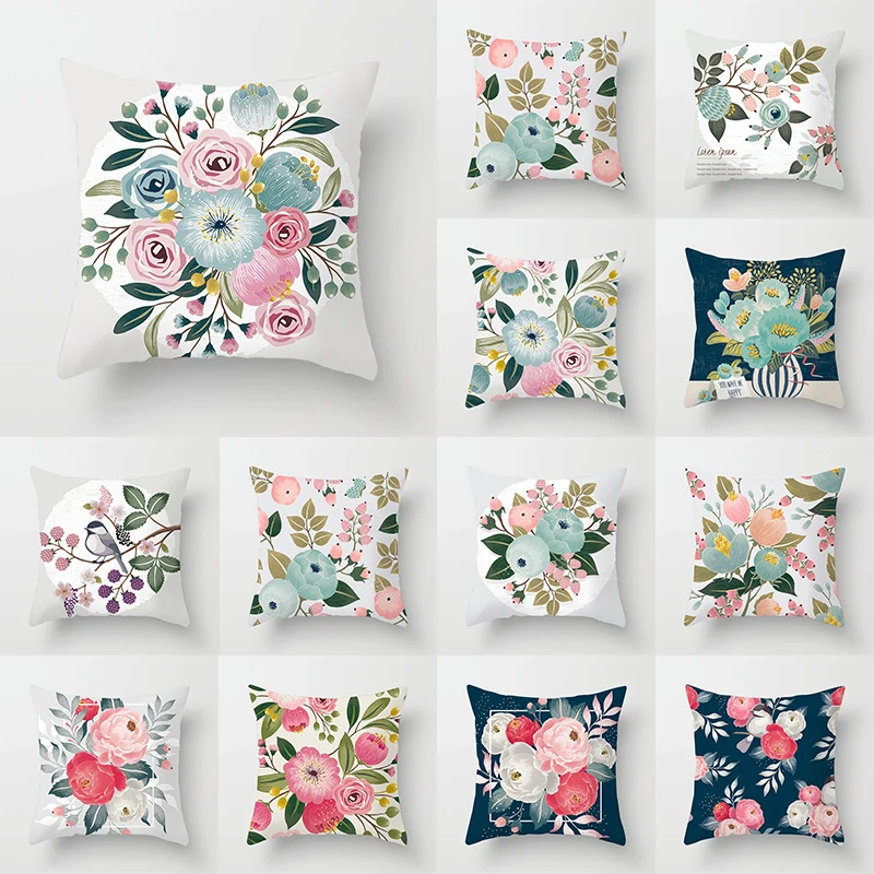 

Color Plants Floral Polyester Cushion Cover 45X45 Flowers Bird Print Pattern Decorative Pillowcases Sofa Cushions Pastoral Style