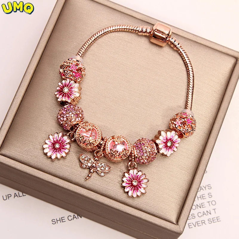 

Романтический браслет с маргариткой и стрекозой, женский браслет «сделай сам» из розового золота с бусинами в виде сковороды для семьи, для ...