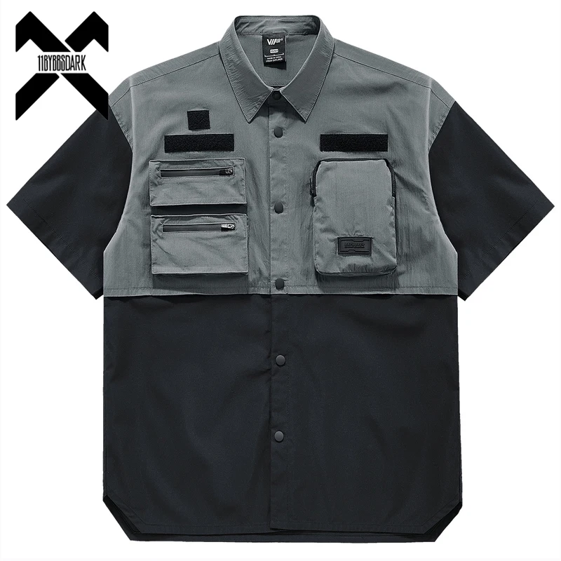 Hip Hop Tactical Cargo Shirts Men 2022 Summer Short Sleeve Color Patchwork Function Shirt Coat Loose Harajuku Tops WB772