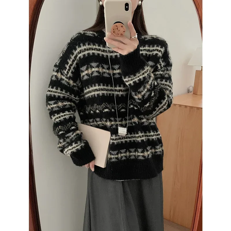 THINK 13-рядный жаккардовый свитер в корейском стиле с цветными блоками женский