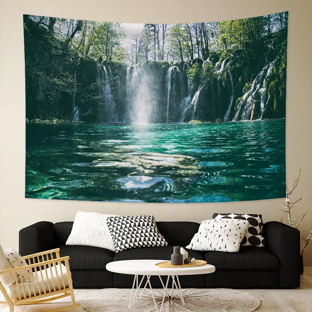 

Jungle Waterfall Wall Tapestry Water Pool Sunlight Tree Print 100%Microfiber Fabric Corridor Bedroom Living Room Home Decoration