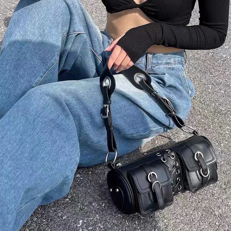 

Винтажные черные женские сумки-Цилиндры под подмышки, дизайнерская дамская сумка на плечо с двумя карманами, модная женская сумочка из искусственной кожи, сумки