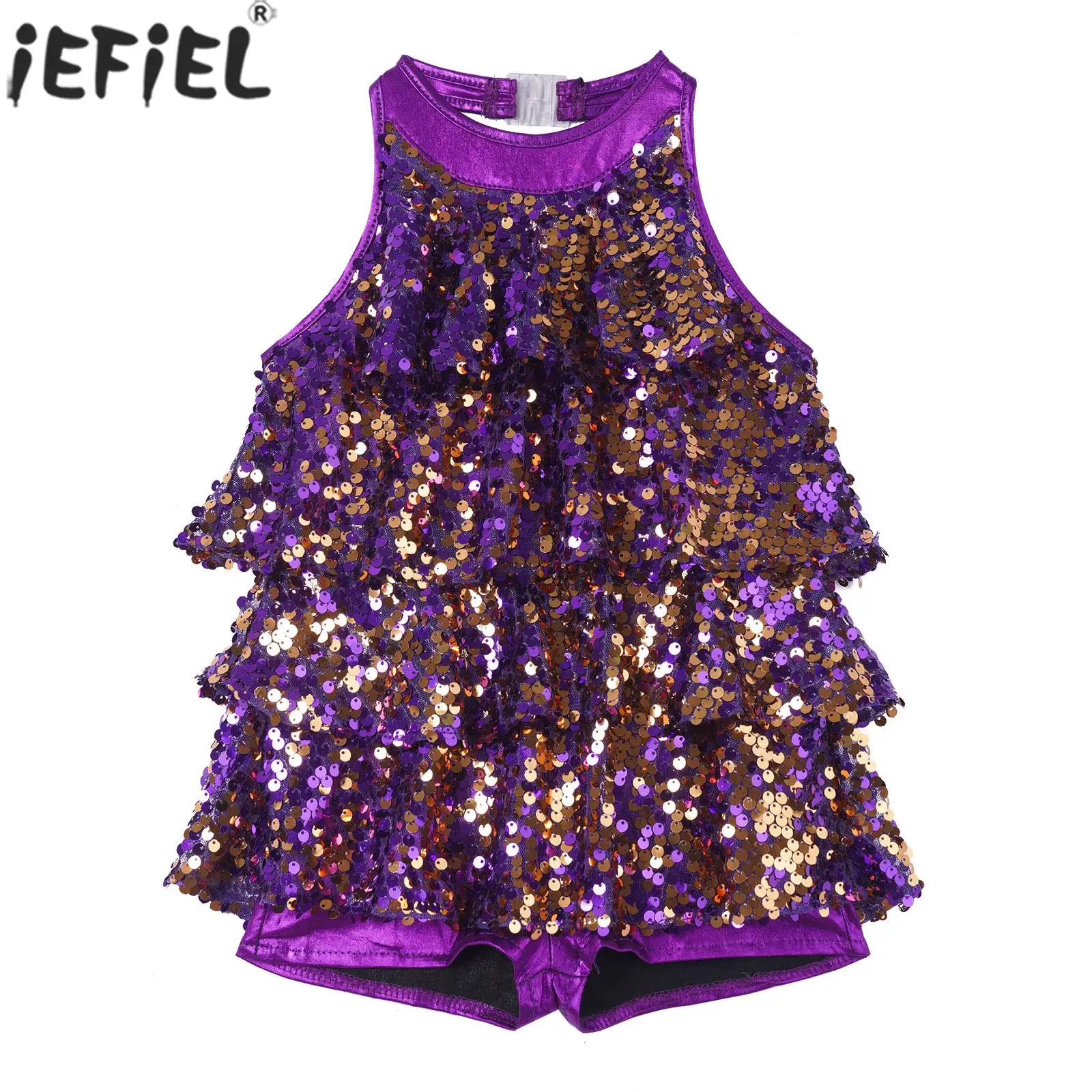 

Kids Girls Halter Shiny Sequin Ballet Dance Shorty Unitard Dress Sleeveless Backless Modern Jazz Latin Leotard Dancing Costume