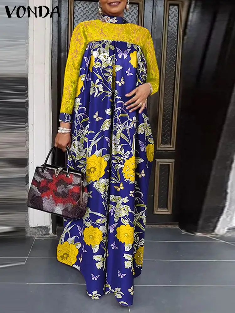

VONDA 2022 Women Lace Patchwork Dress Long Sleeve Floral Printed Maxi Dresses Holiday Party Vestido Robe Femme Oversize Sundress