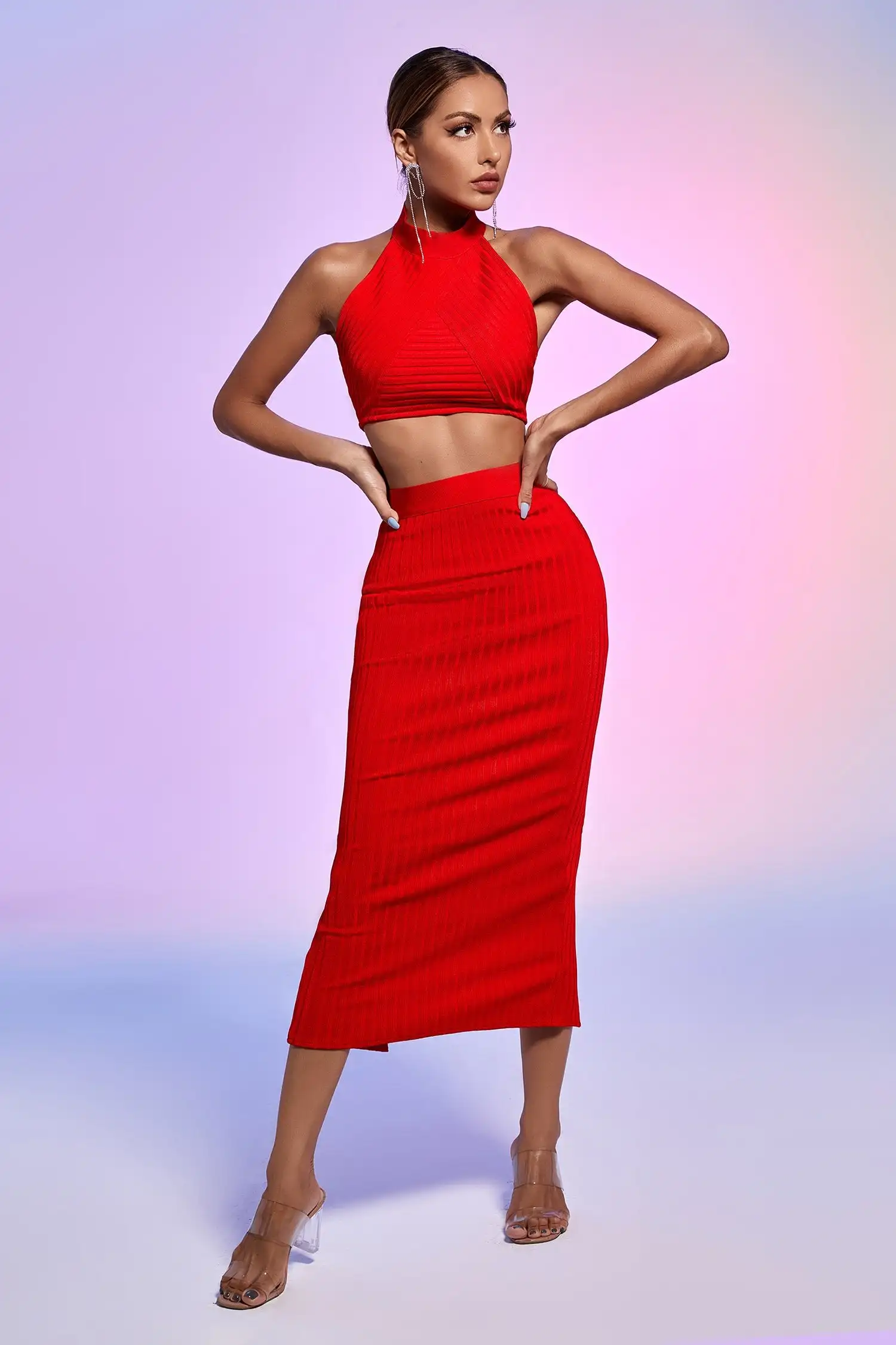 

Женское облегающее платье из искусственного шелка, обтягивающее платье до середины икры, модный костюм для празднования дня рождения, 2 пре...