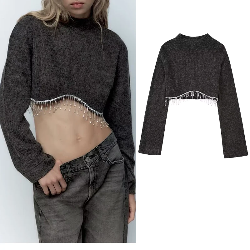 

Осень-зима 2022 Новинка с круглым вырезом и длинным рукавом стразы кисточки Короткие Серые украшения мягкий свитер для девушек