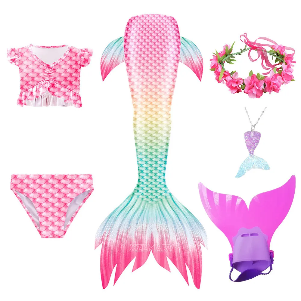 

Купальник с хвостом русалки для девочек, комплект для плавания, бикини принцессы, можно добавить моноласт, косплей, подарок на Хэллоуин