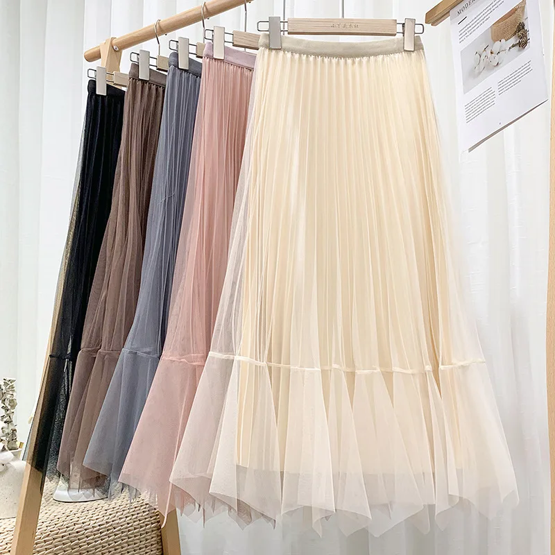

TFETTERS Women Skirts 2022 Spring Summer New Korean Fashion High Waist Solid Pleated Skirt Woman Ankle-Length Skirt