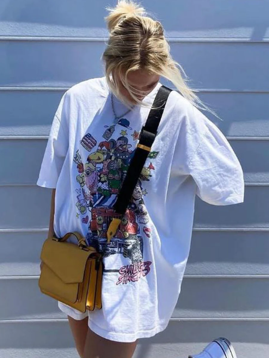 

Футболка женская хлопковая с круглым вырезом, свободная повседневная Уличная одежда с мультяшным принтом динозавра, топ оверсайз с коротки...