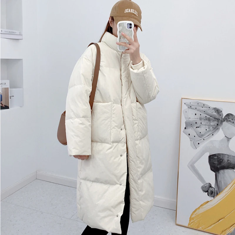 DEODAR Women Winter Long Bread Down Jacket Large Pockets Windproof Casual Warm Thick Parkas White DuckDown Coat for Office Lady