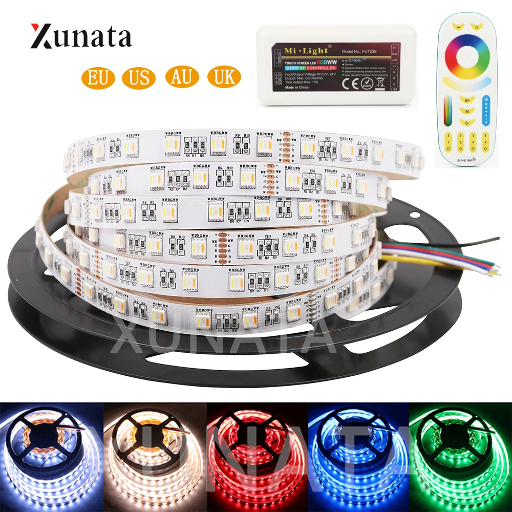 

Светодиодная лента RGB + CCT 5 м 12 В/24 В 5 в 1, водонепроницаемая светодиодная лента 5050 60 светодиодов RGBW RGBWW, гибкая светодиодная лента с управлением Mi, RF, ЕС/США/Австралия/Великобритания