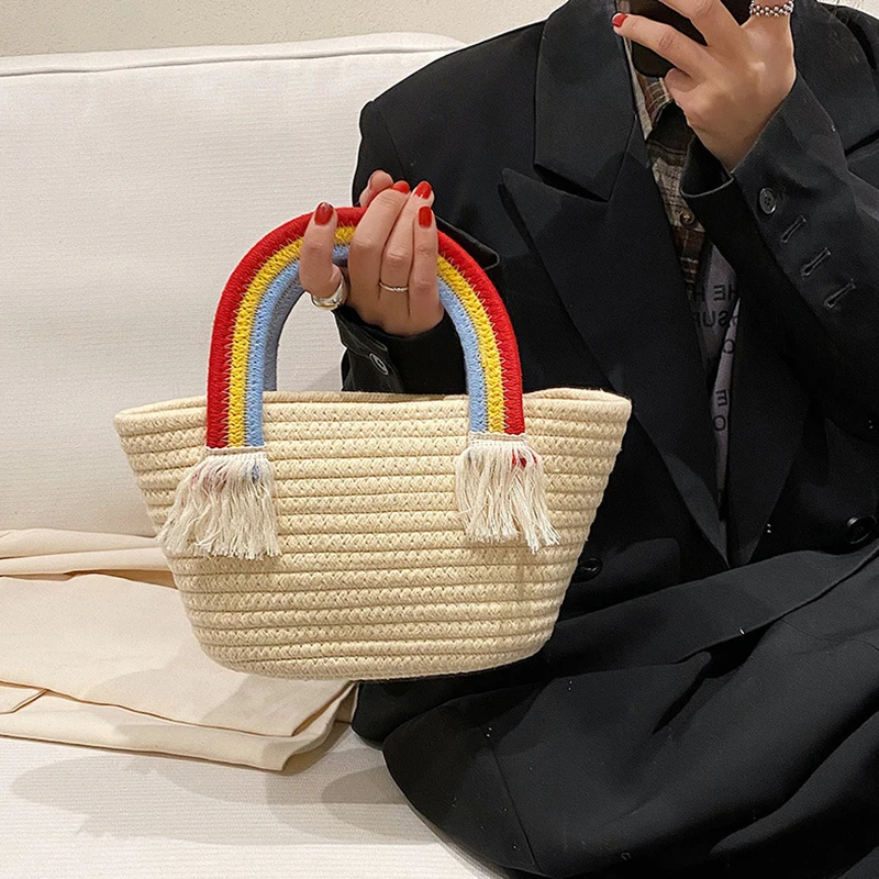 

Cute Girl Rainbow Cloud Handbag New Handmade Cotton Woven Bag Seaside Holiday Beach Bag All-Match Straw Bag
