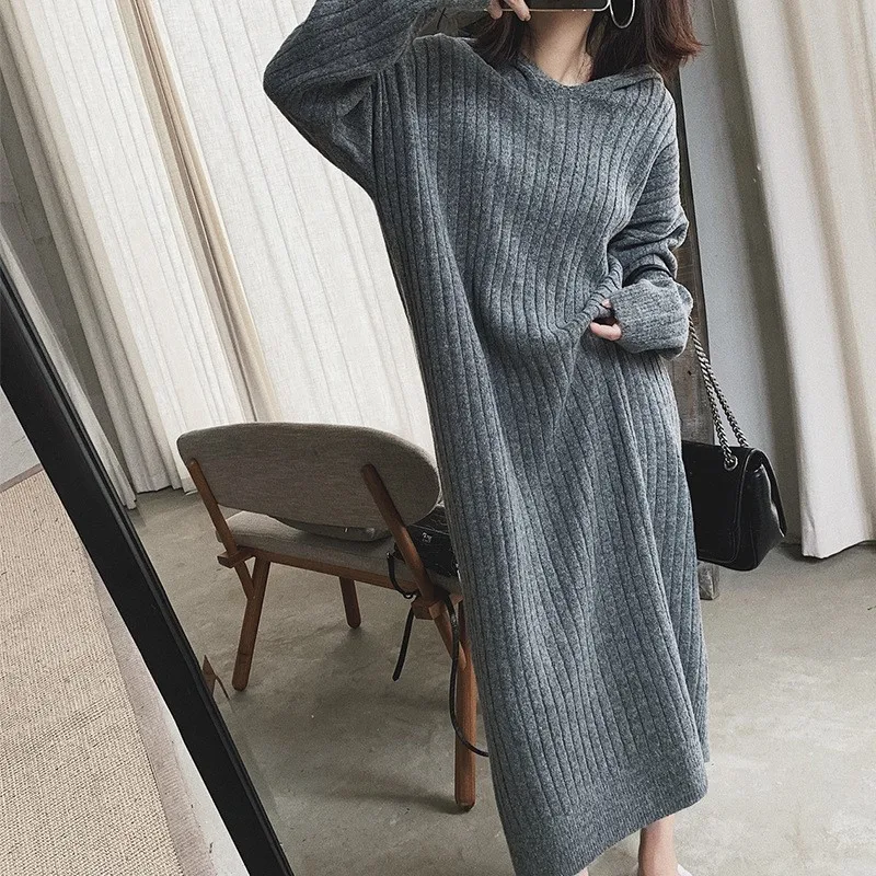 Loose And Long In The Winter Of Korean Edition Over-the-knee Hooded Joker Knitting Dress Languid Is Lazy Style Hair Dress Female