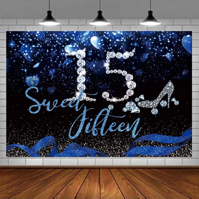 

Photography Backdrop Blue And Silver Sweet 15th Birthday Party Background Diamond Girls Sweet Fifteen Cake Table Banner