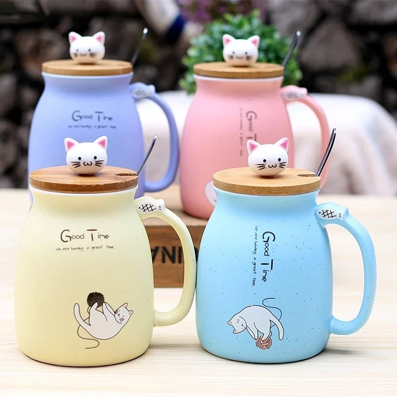 

FSILE Milk Coffee Ceramic Mug with Lid Spoon Cup Cute Cat Heat-resistant Cup Kitten Children Cup Office Gifts