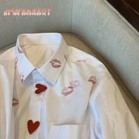 lipstick printing heart button white long sleeve blouse shirt womens spring korean casual temperament versatile loose top