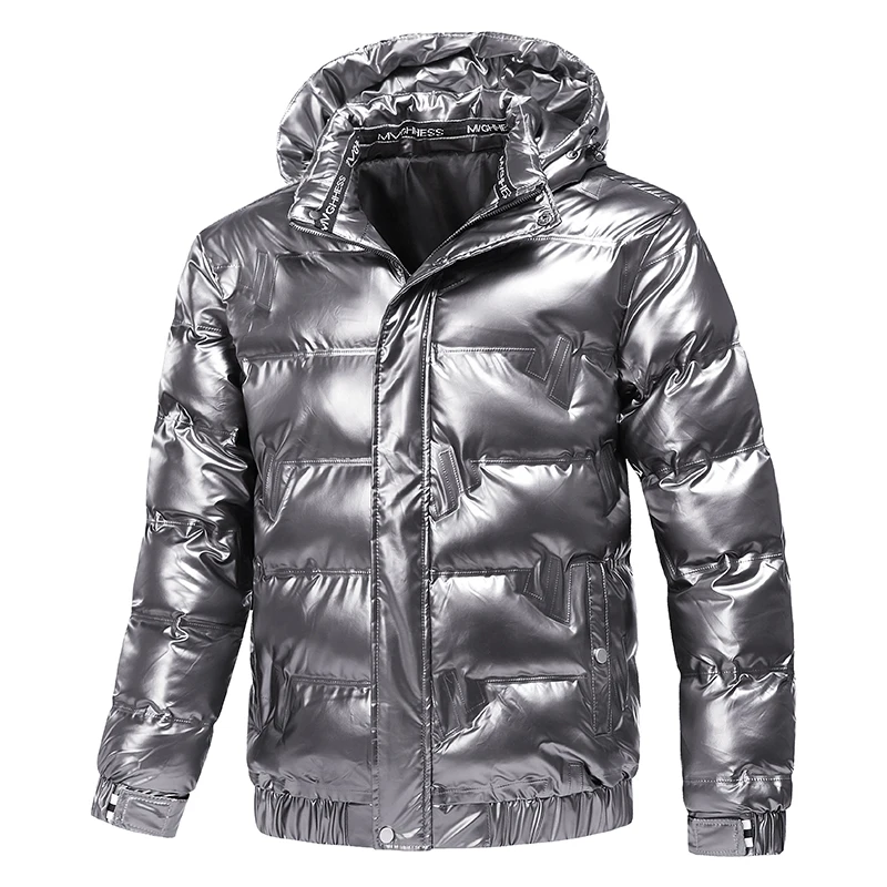 New Bright Leather Winter Men's Jacket Casual Parka Outwear Waterproof Puffer Padding Warm Stand With Hood Outwearing Coat
