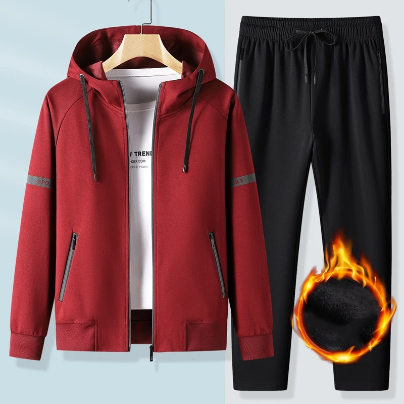 

Winter Fleece Leisure Sports Jacket+pants Men Sweatsuits Men's Sportswear Jogger Suits Cotton Men Sweat 2 Set Black