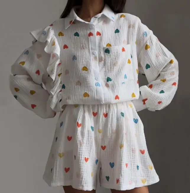 

Two Piece Set Women Outfit 2023 Autumn Fashion Ruffle Heart Print Shirt & Wide Leg Shorts Casual Home Set Female Suits Clothes