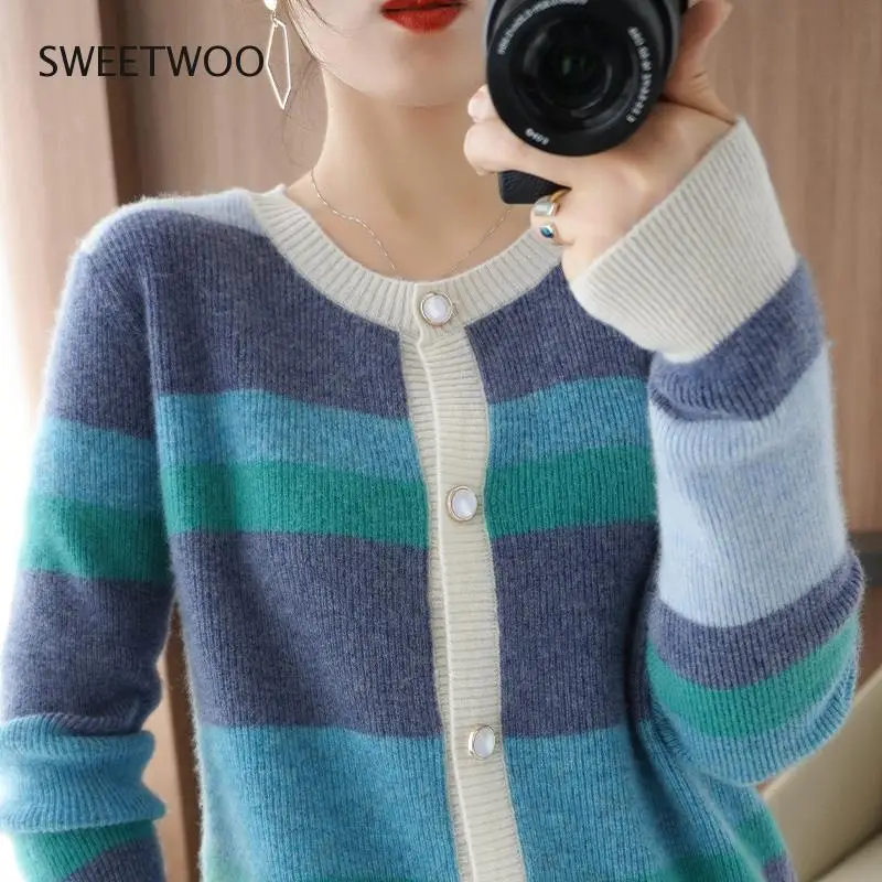 Women's 99% Pure Wool Color-Blocking Round Neckline with Spring and Autumn Striped Loose Cardigan Cashmere Sweater Tide Chic Ins